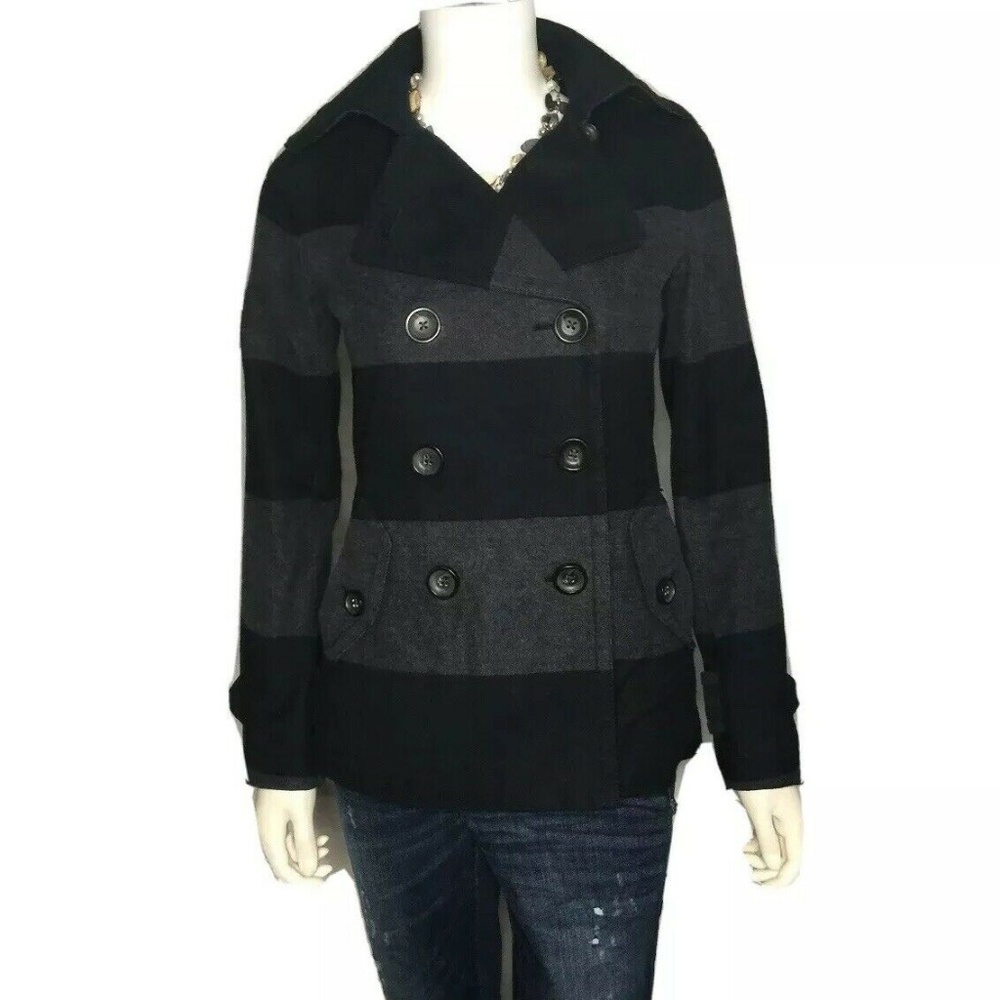 Gap Womens Black/Gray Striped Wool Peacoat S